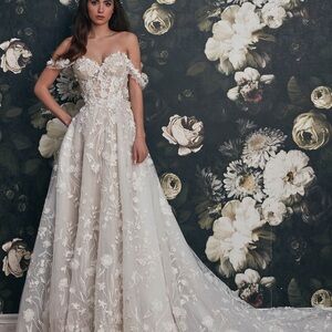 Calla Blanche-Off-the-Shoulder Ivory Lace Wedding Dress with Floral Appliqué